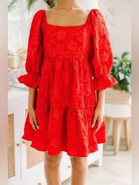 Entro Embossed Floral Textured Square Neck Puff Sleeve Babydoll Dress S Red
